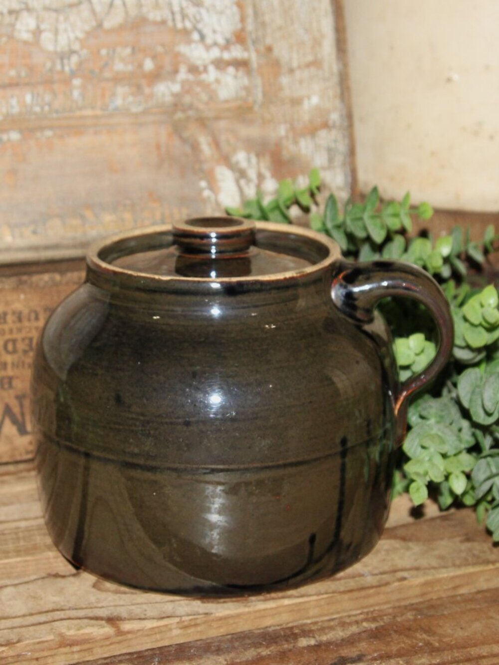Brown Vintage Primitive Farmhouse Stoneware Bean Pot Crock